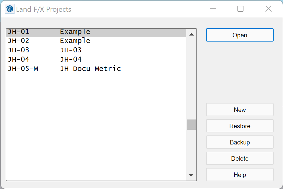 Land F/X Projects dialog box