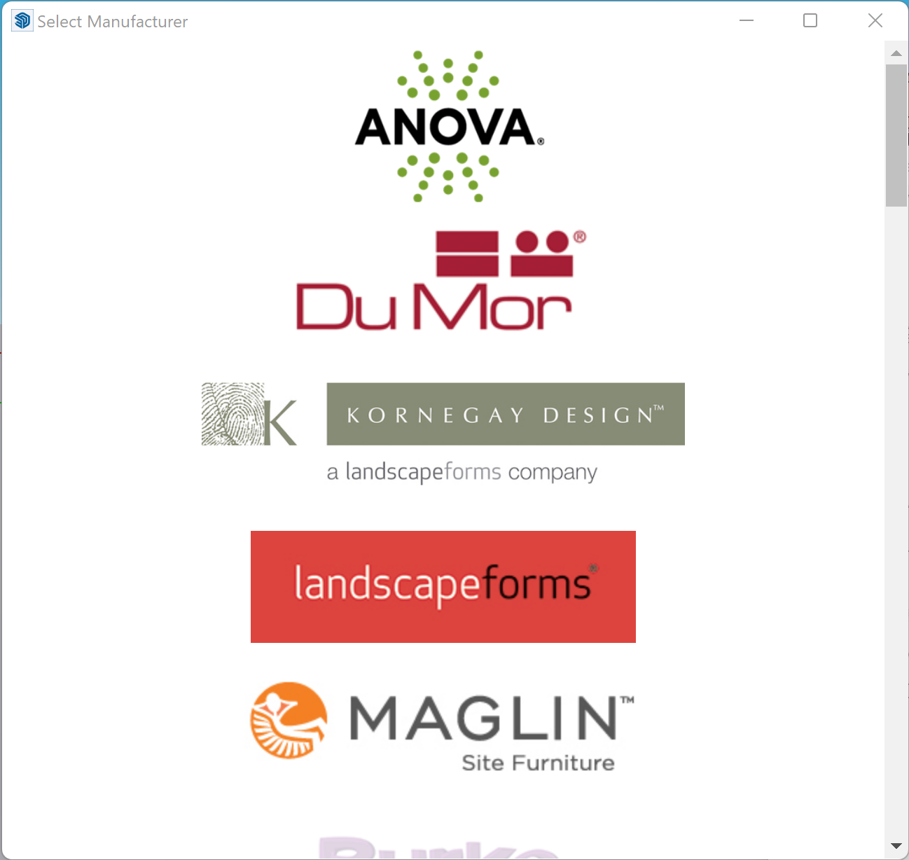 Select Manufacturer dialog box