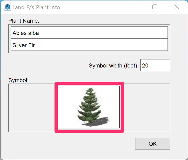 Land F/X Plant Info dialog box with selected symbol showing in Symbol thumbnail area