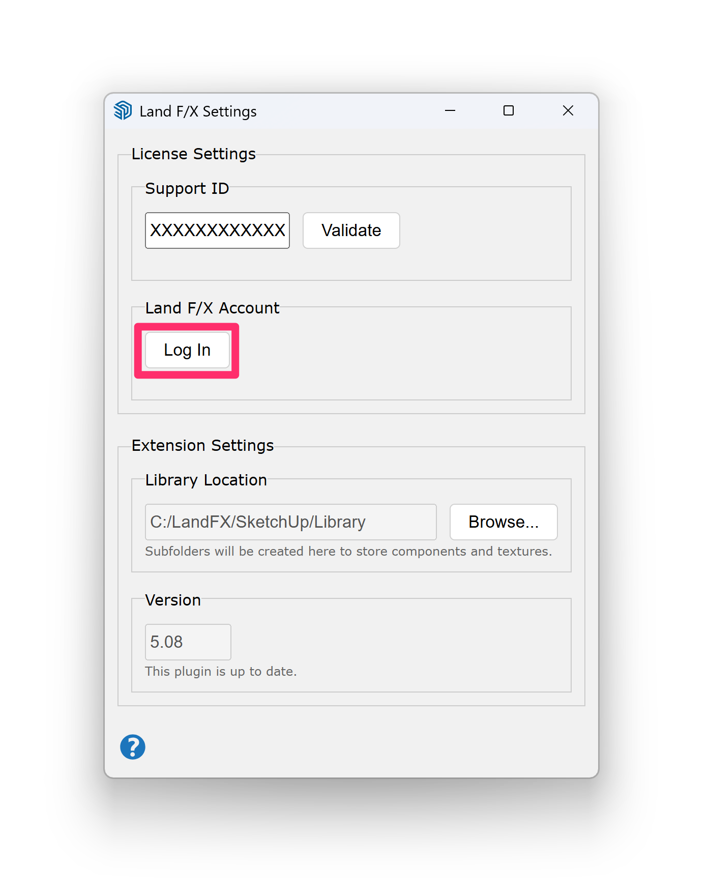 Land F/X Settings dialog box, Log In button