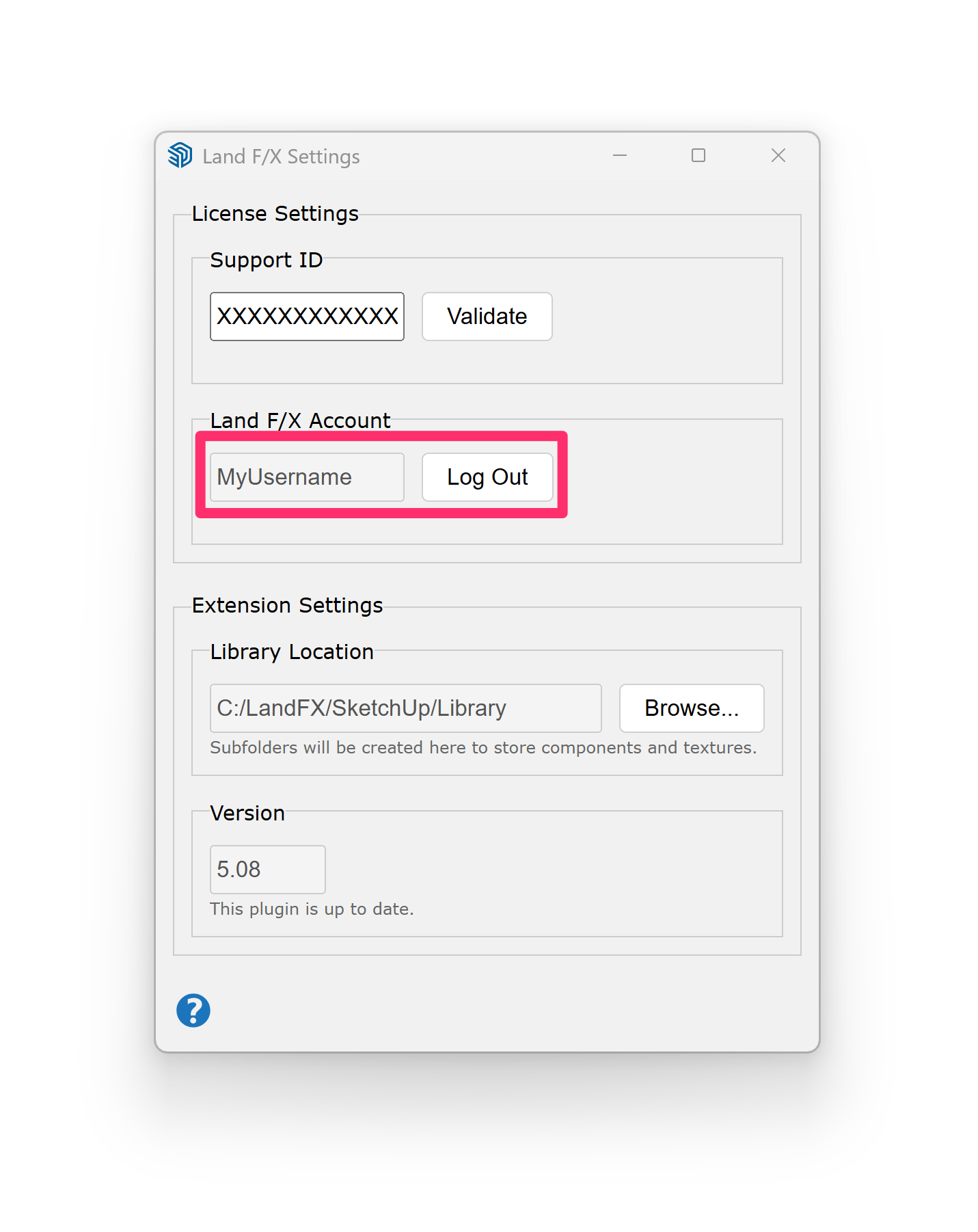 Land F/X Settings dialog box, Log Outu button