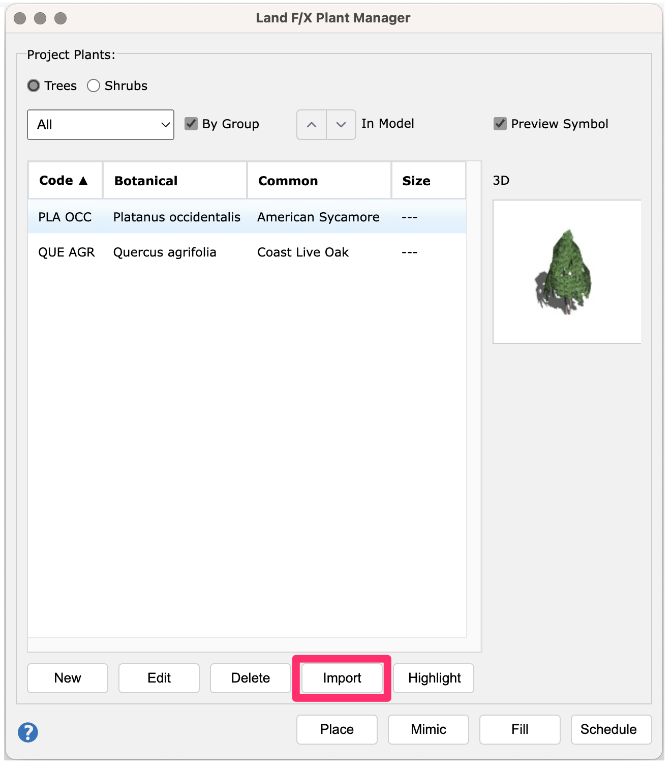 Land F/X Plant Manager in SketchUp, Import button