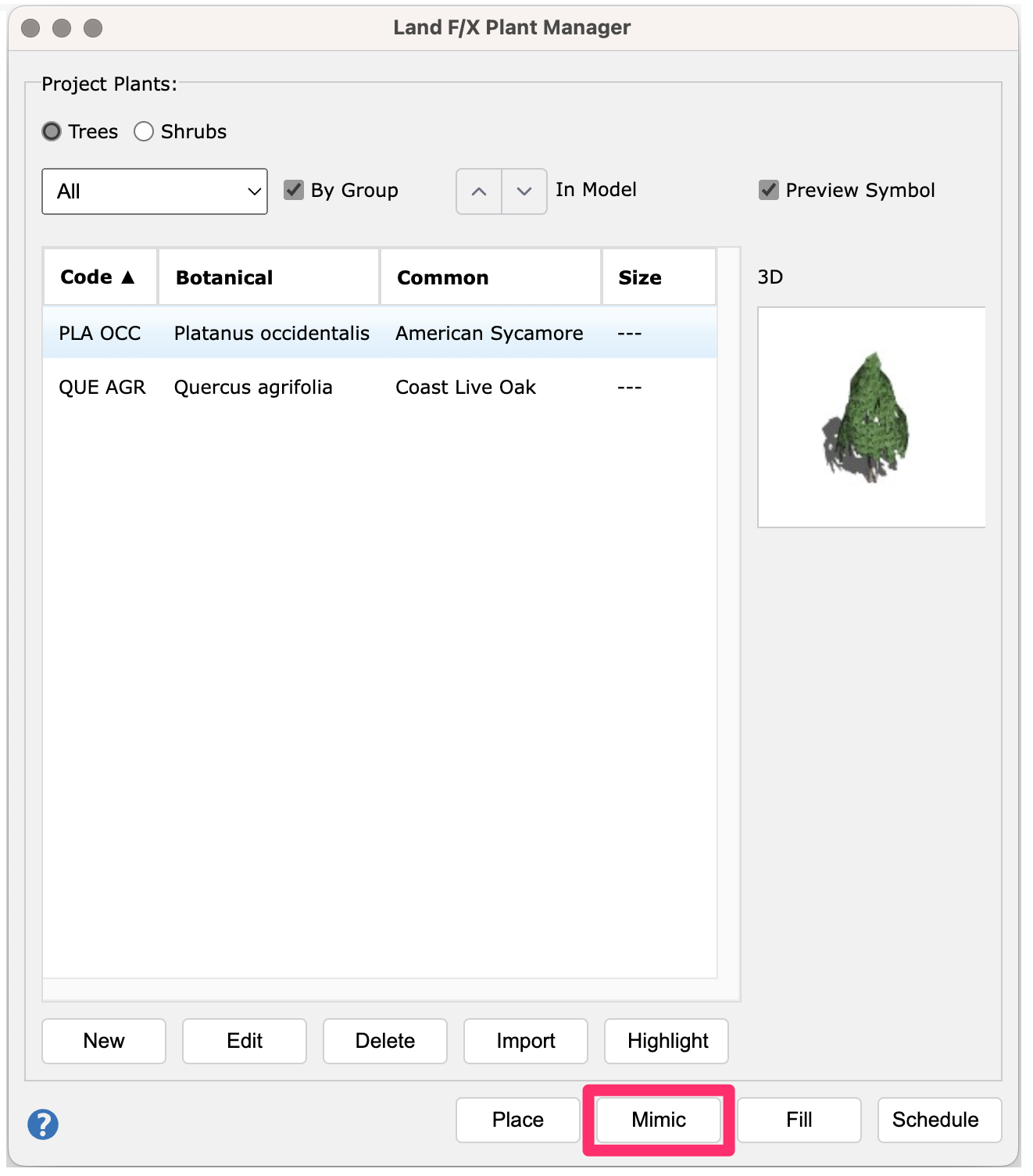 Land F/X Plant Manager in SketchUp, Mimic button