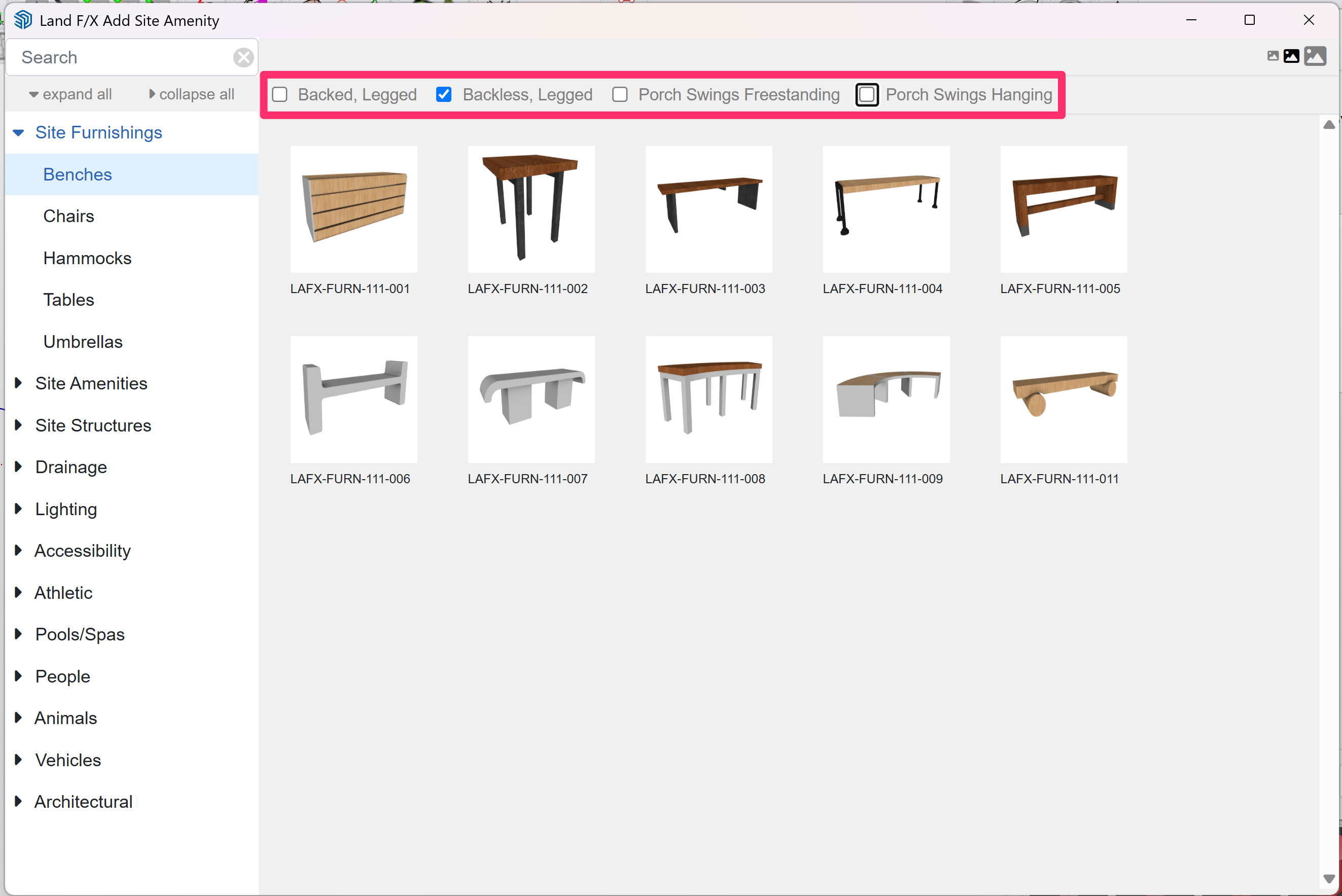 Land F/X Site Amenity dialog box with checkboxes for further filtering within a category