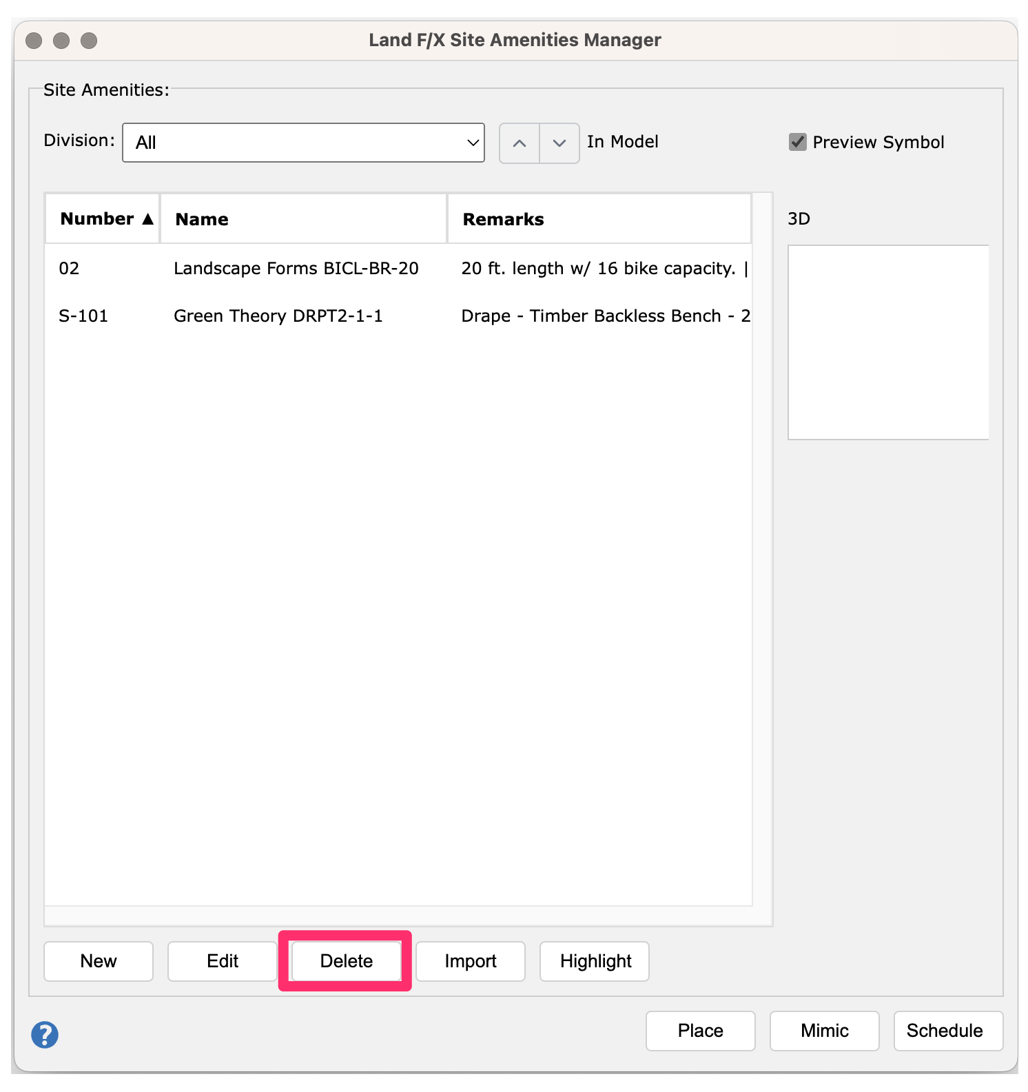 Land F/X Site Amenities Manager in SketchUp, Delete button