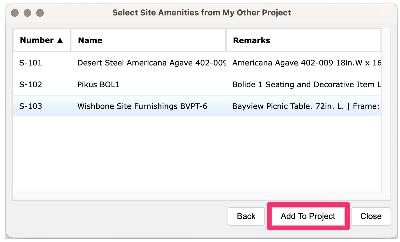 Sepect Site Amenities dialog box, Add to Project button