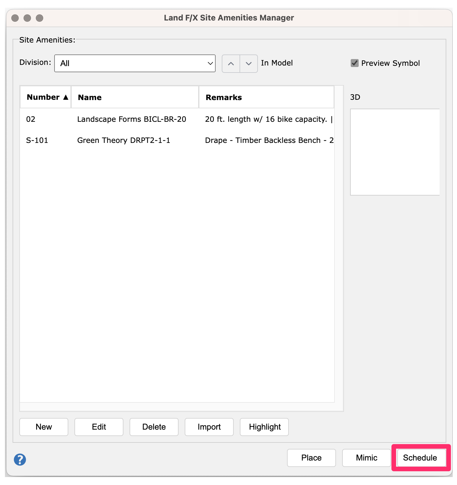 Land F/X Site Amenities Manager in SketchUp, Schedule button