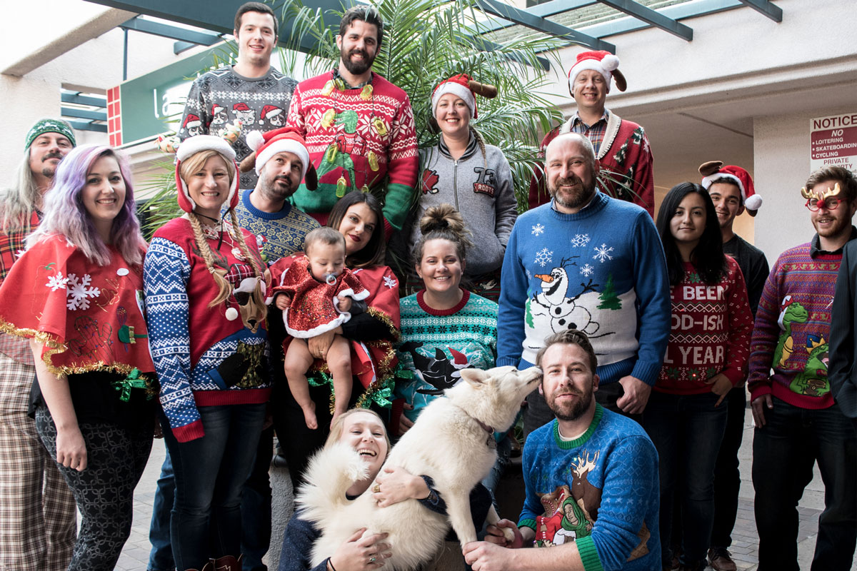 Ugly Christmas sweaters abound. (But we have great personalities!)